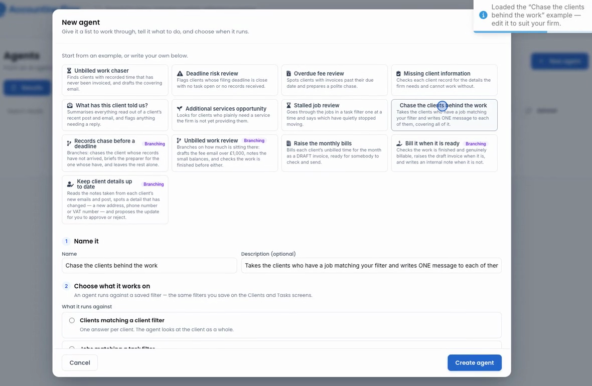 The agent gallery in AccountingFlow: unbilled work chaser, deadline risk review, overdue fee review, missing client information and more