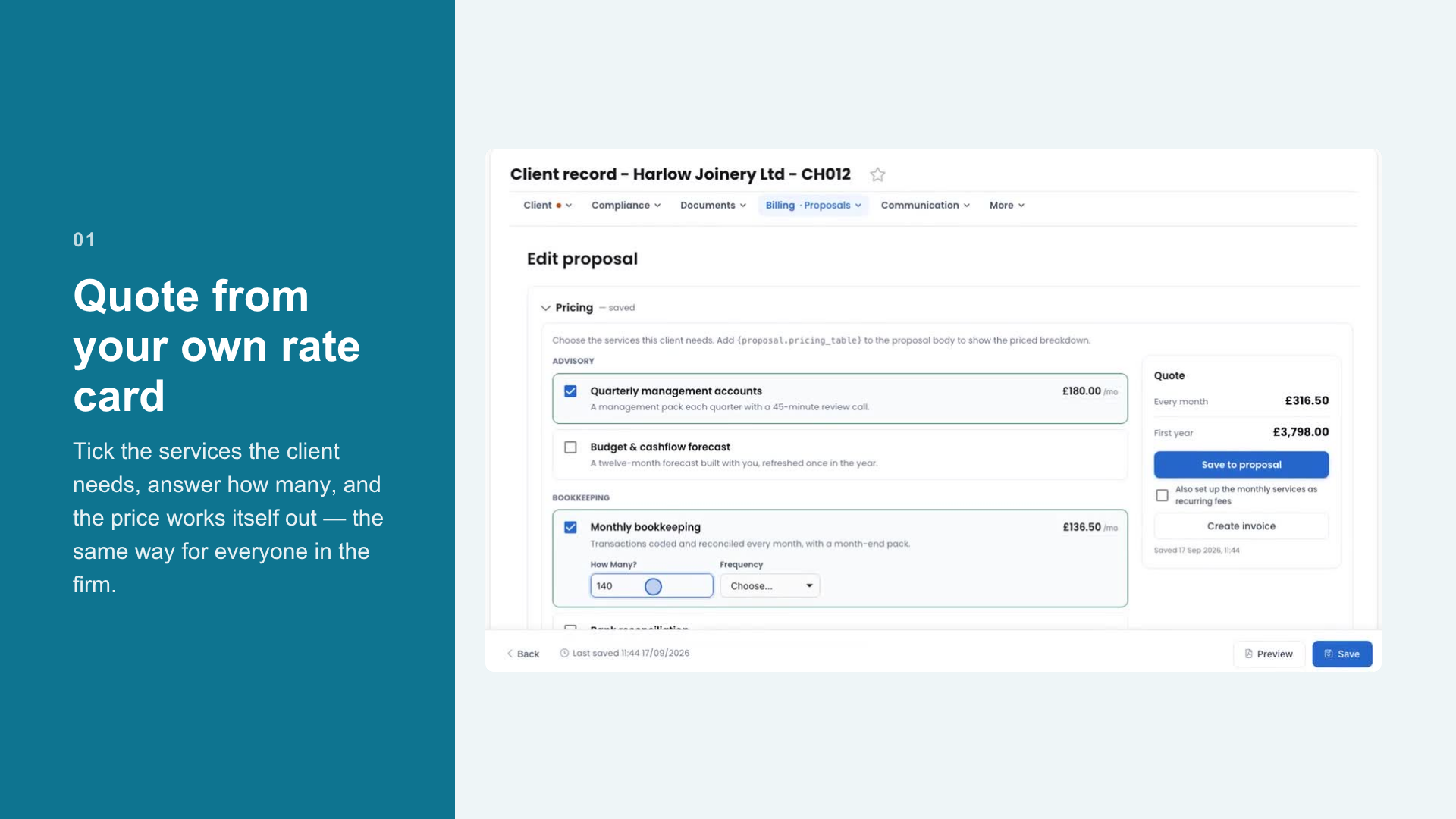 Building a proposal from a rate card, with the quote total calculating alongside
