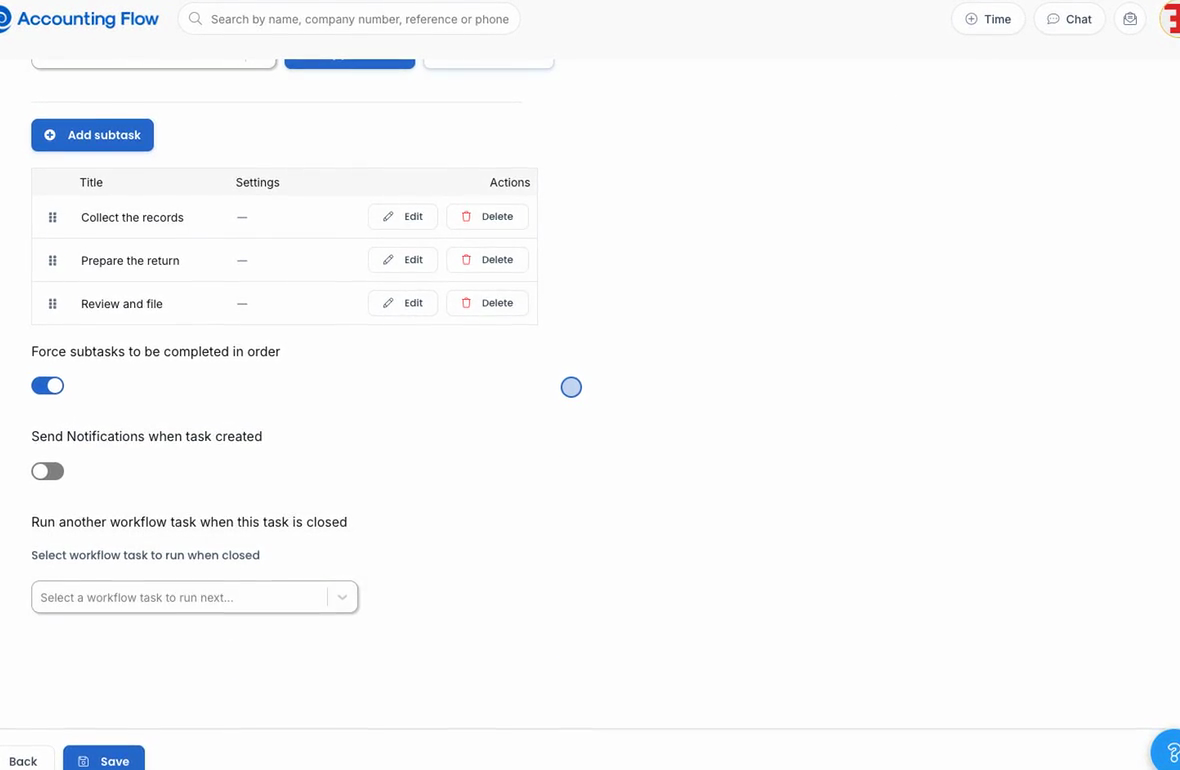 A job's subtask checklist in AccountingFlow, the record an agent can now tick off